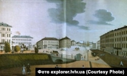 Площа Фердинанда (теперішня площа Міцкевича), частково перекрита річка. Акварель А. Гаттона, 1847 року