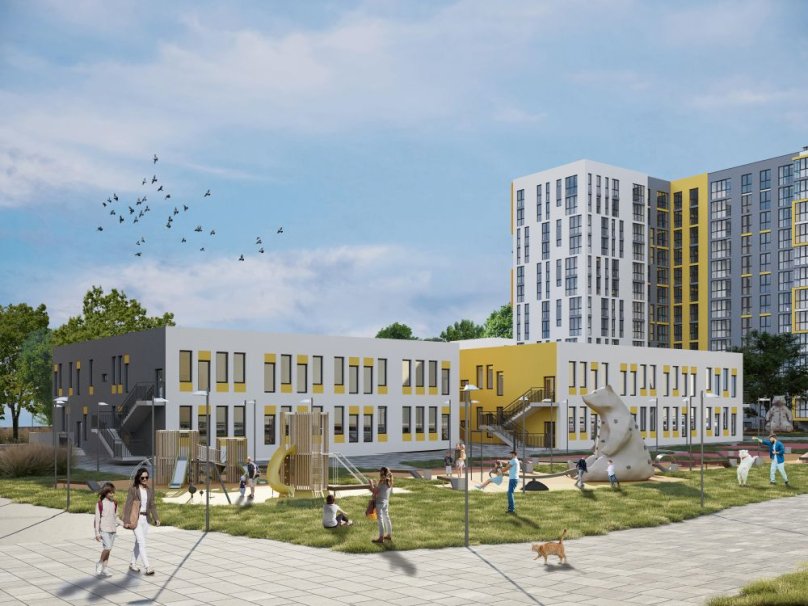 3D візуалізація майбутньої будівлі школи та садочка