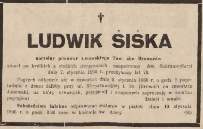 Повідомлення про смерть головного пивовара та директора Львівської акціонерної спілки броварів Людвіка Шішки