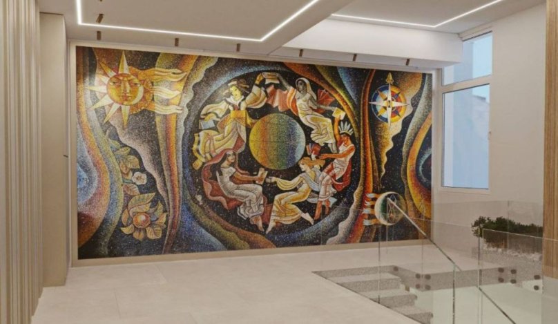 Візуалізація завершеної мозаїки на другому поверсі будівлі видавництва “Вільна Україна”